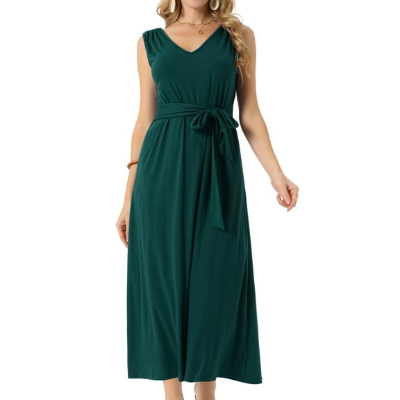 DARING DIVA Maxi Sleeveless V Neck Tie Waist Casual Long Dress S Dark Green