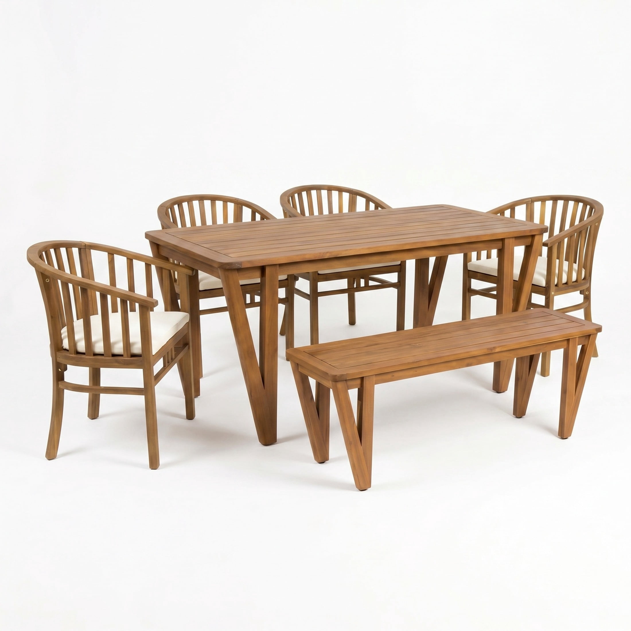 Christopher Knight Home 6-Piece Acacia Wood Patio Dining Set with 70.75" Table, Bench & Chairs, Teak+Cream
