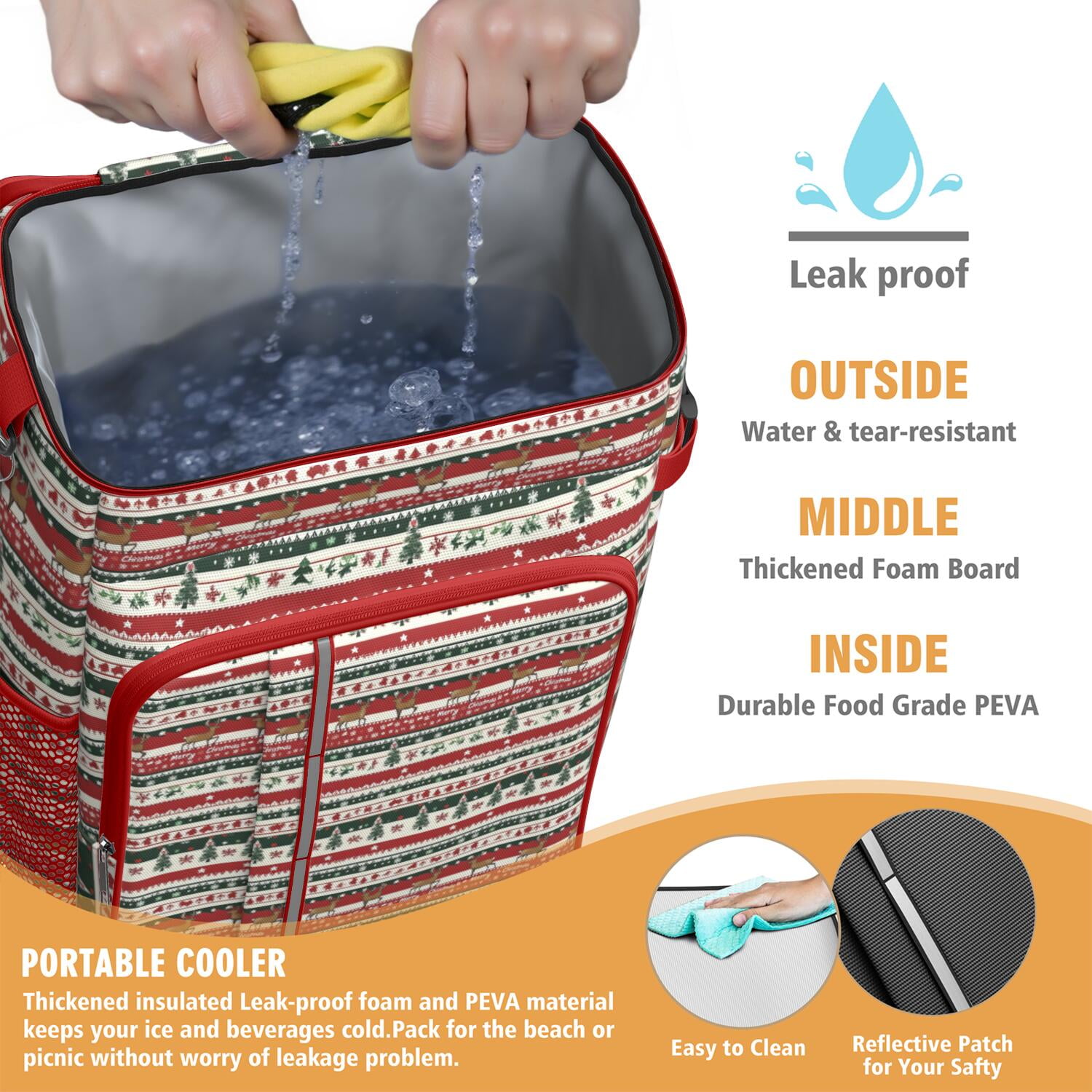 Travel Cooler Bag - Red Christmas Deer and Tree Pattern Camping Beer Cooler Backpack with Bottle Opener- Waterproof Insulated Picnic Backpacks - Cooler Bag for Beach