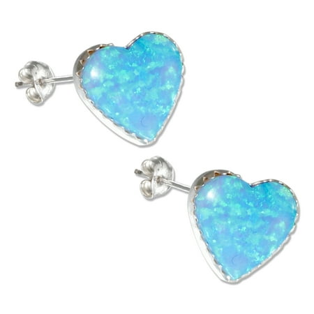 Sterling Silver Synthetic Blue Opal Heart Earrings Sterling Silver Synthetic Blue Opal Heart Earrings