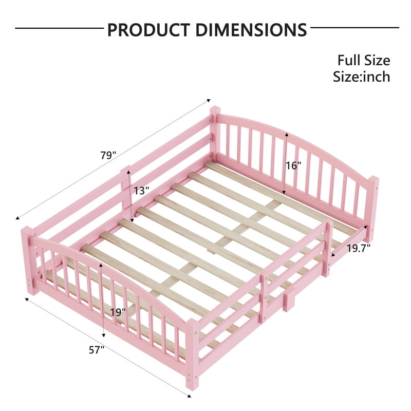 Mirightone Wood Full Floor Bed with Safety Guardrails, Full Montessori Bed Frame with Slats, No Box Spring Needed - Pink