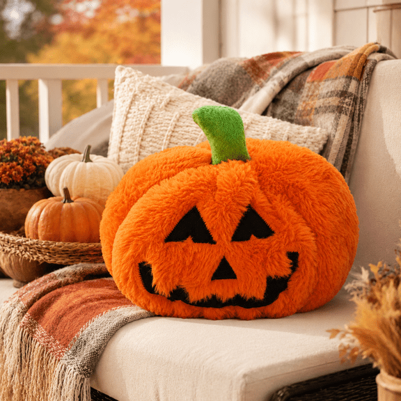 Fall Decor Pumpkin Throw Pillow Halloween Decorations Fabric Cushion Plush Decorative Prop For Couch Bed Living Room Orange