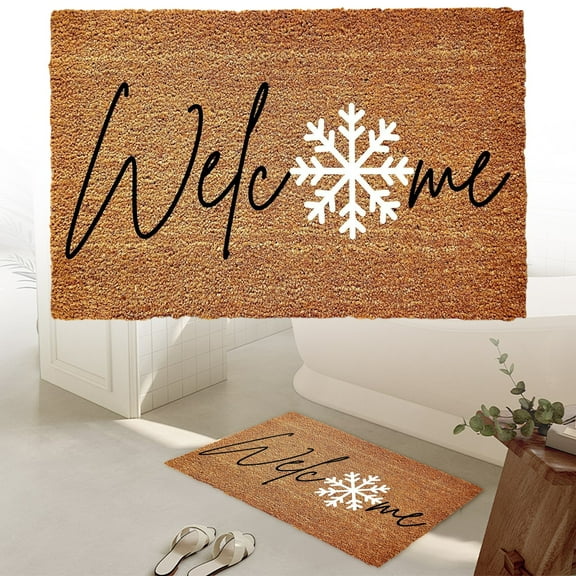 Natural Coco Coir Christmas Doormat - Large Cute Non-Slip Heavy Duty Backing Door Mat for Outside Entrance or Porch Entry, Brown (15x23, Winter Snowflake)