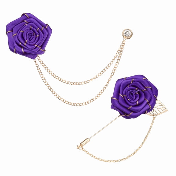 Uxcell Rose Flower Lapel Pin for Men, 2 Style Cloth Rose Brooch Kit Gold Leaf Boutonnieres Stick Brooch Tassel Chain Satin Badge Suit Pin for Men Wedding Suit, Purple