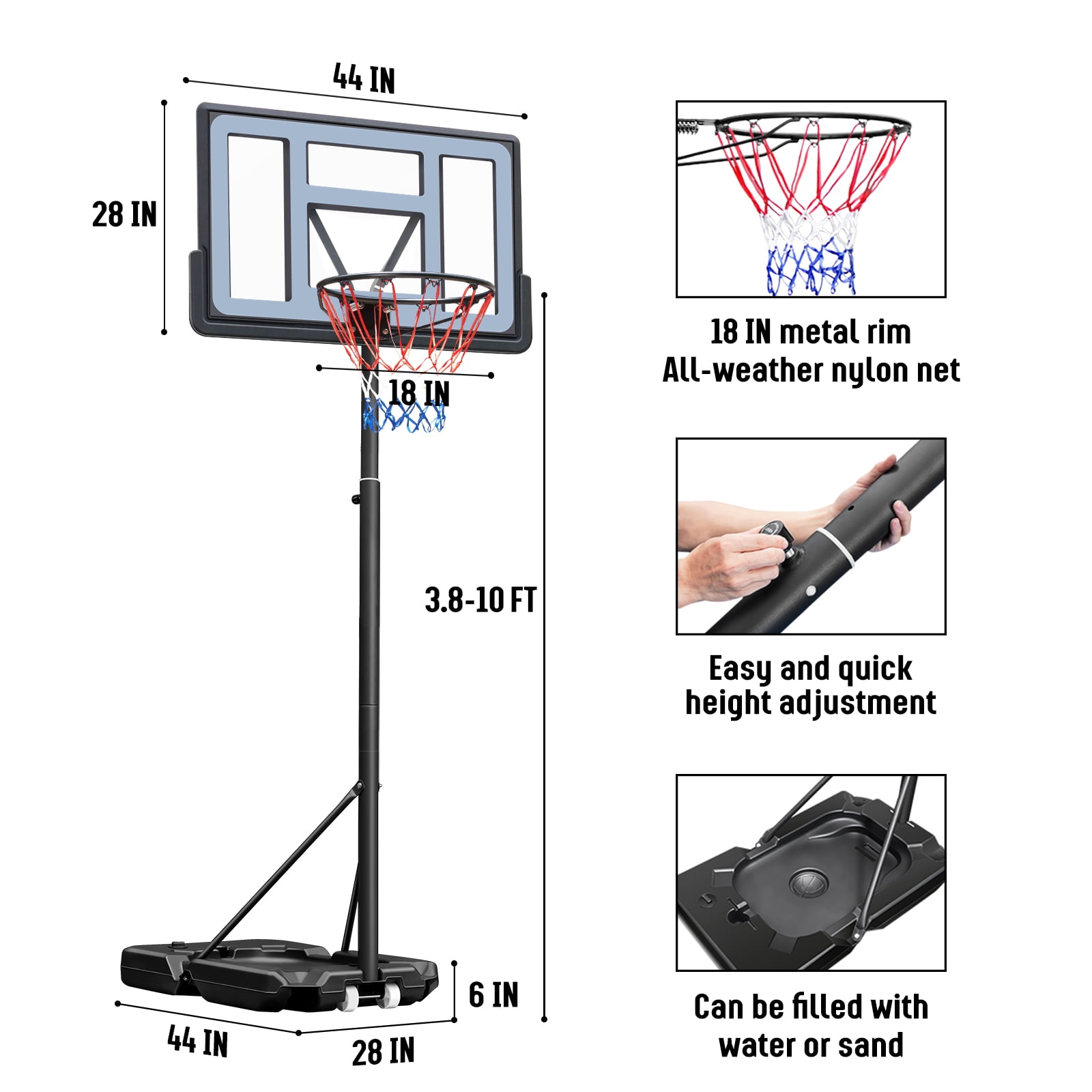 SERAY Basketball Hoop with 44 inch Backboard and 2 Wheels, Basketball Hoop Outdoor 3.8-10 feet Adjustable Height for Kids/Adults Outdoor/Indoor Sports