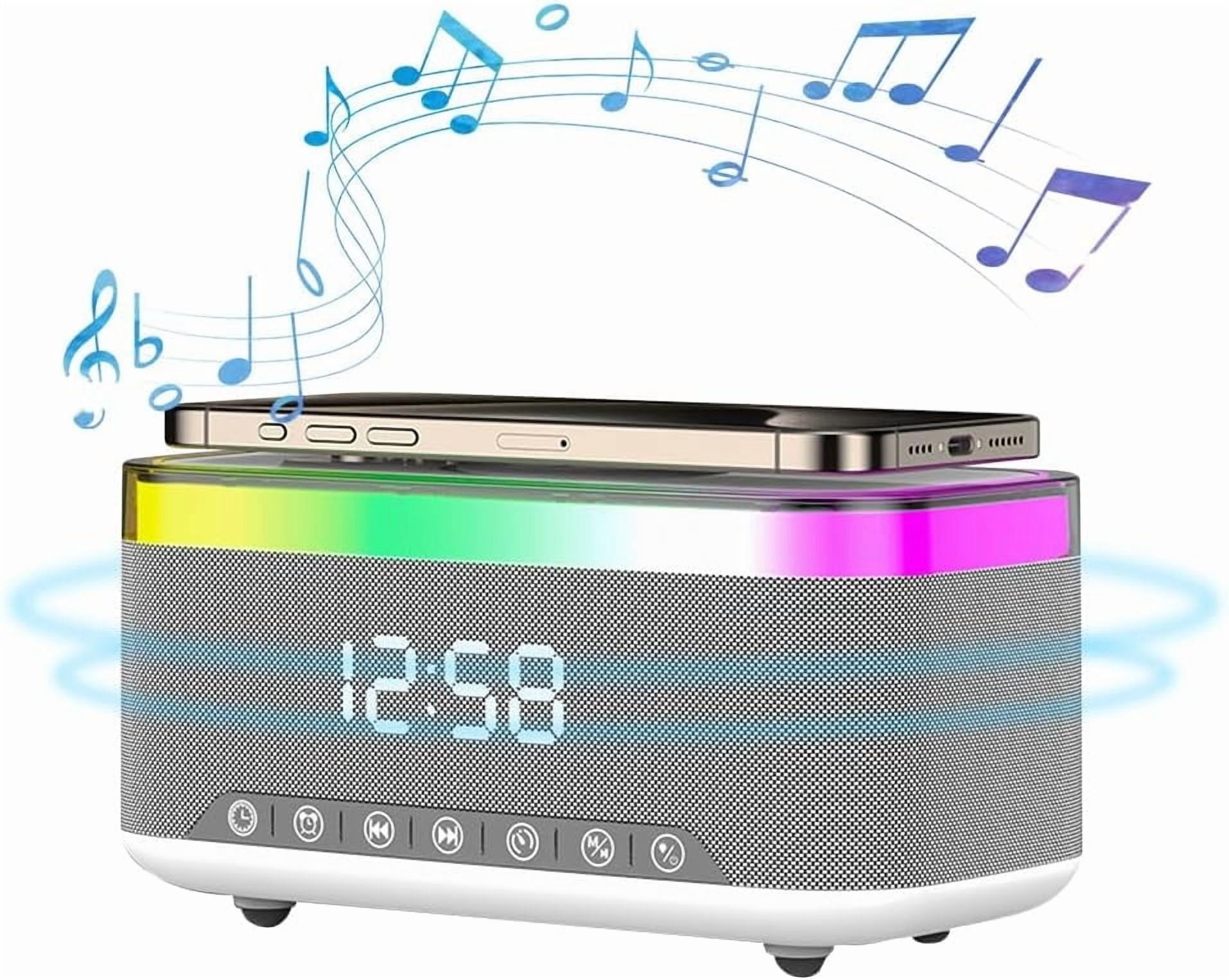 Digital Alarm Clock with Wireless Charging, Bedside with Fast Wireless Charging 15W, Timer Alarm Clock for Heavy Sleepers, RGB Night Light, Bluetooth Speaker Suitable for Indoor & Outdoor, Grey