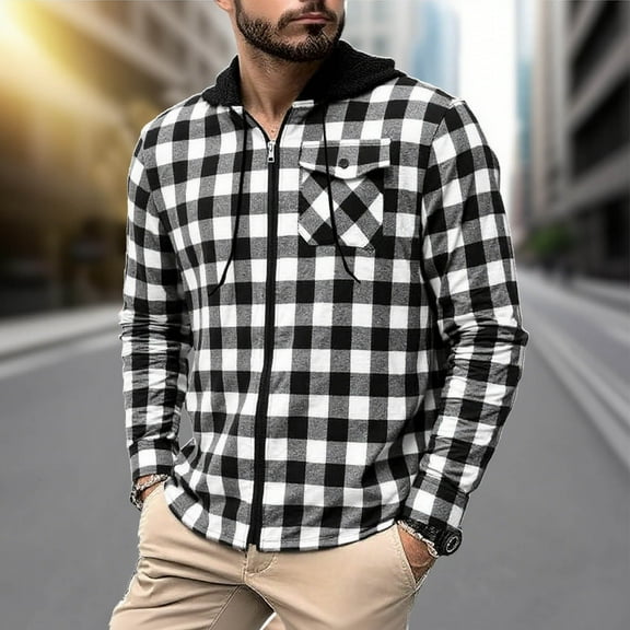 SYMOID Mens White Plaid Zip-Up Hooded Shirt - Polyester-Cotton Blend, Soft Breathable for Daily Casual Wear & Spring/Fall Outings,Size M
