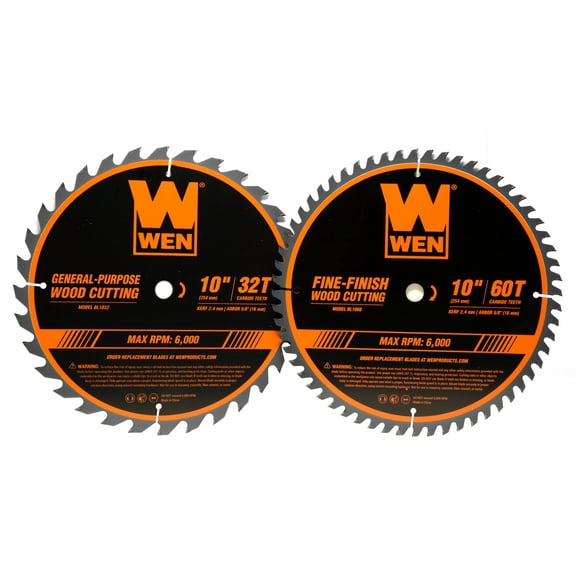 WEN 10-Inch 32-Tooth and 60-Tooth Carbide-Tipped Professional Woodworking Saw Blade Set, Two Pack, BL1032-2