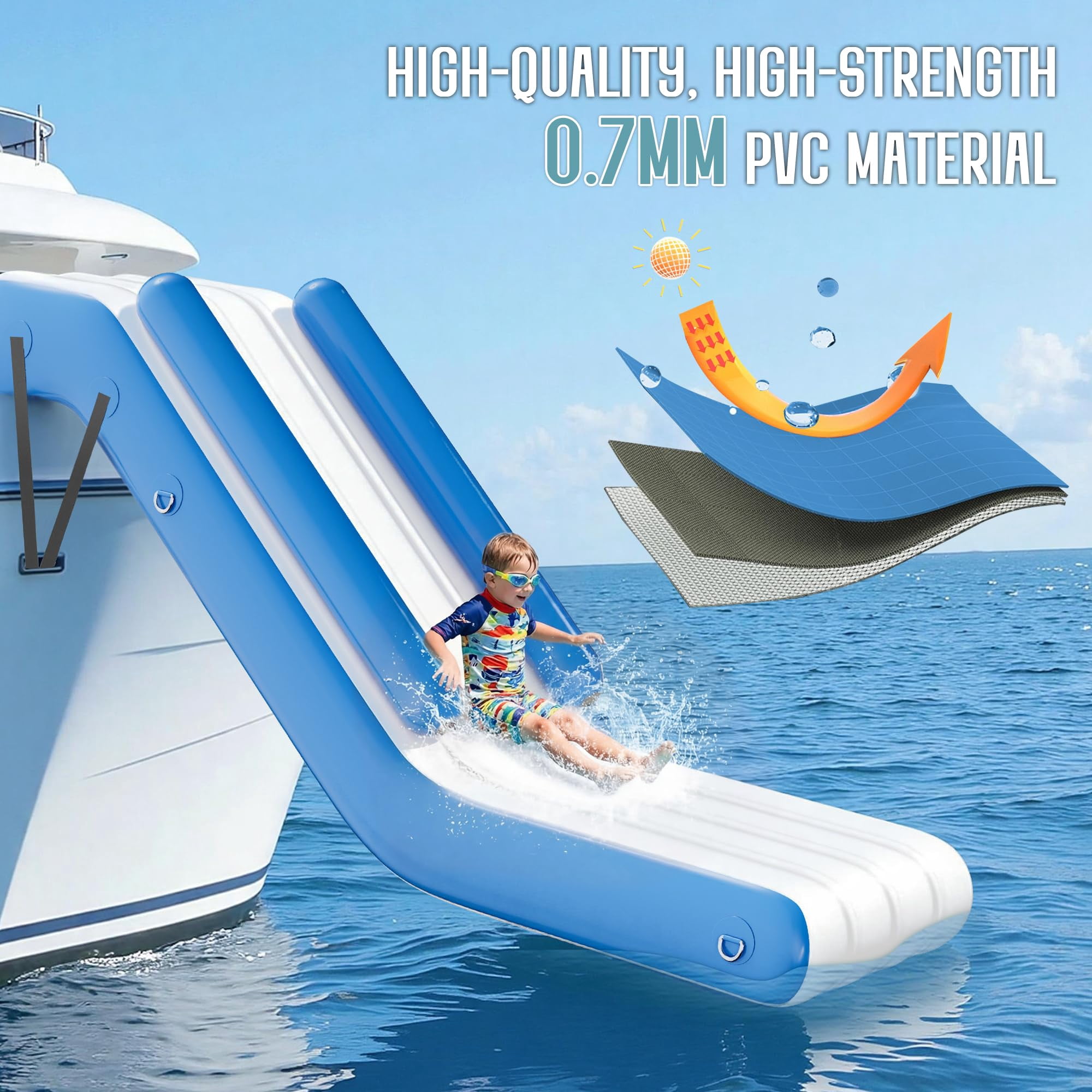 Jocisland 10L×2.6W×4H ft Inflatable Pontoon Water Slide with Climbing Handle, White & Blue, Outdoor Waterfall Slide for Adults & Kids