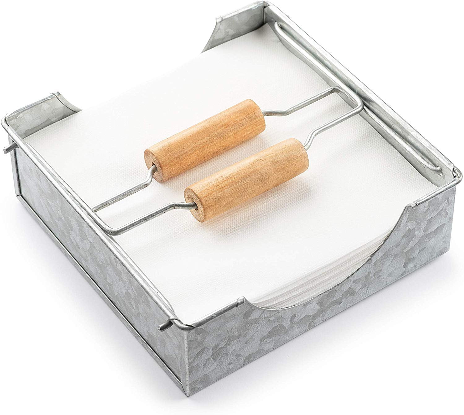 Rustic Napkin Holder with Dual Wooden Handles (Square) Country Style