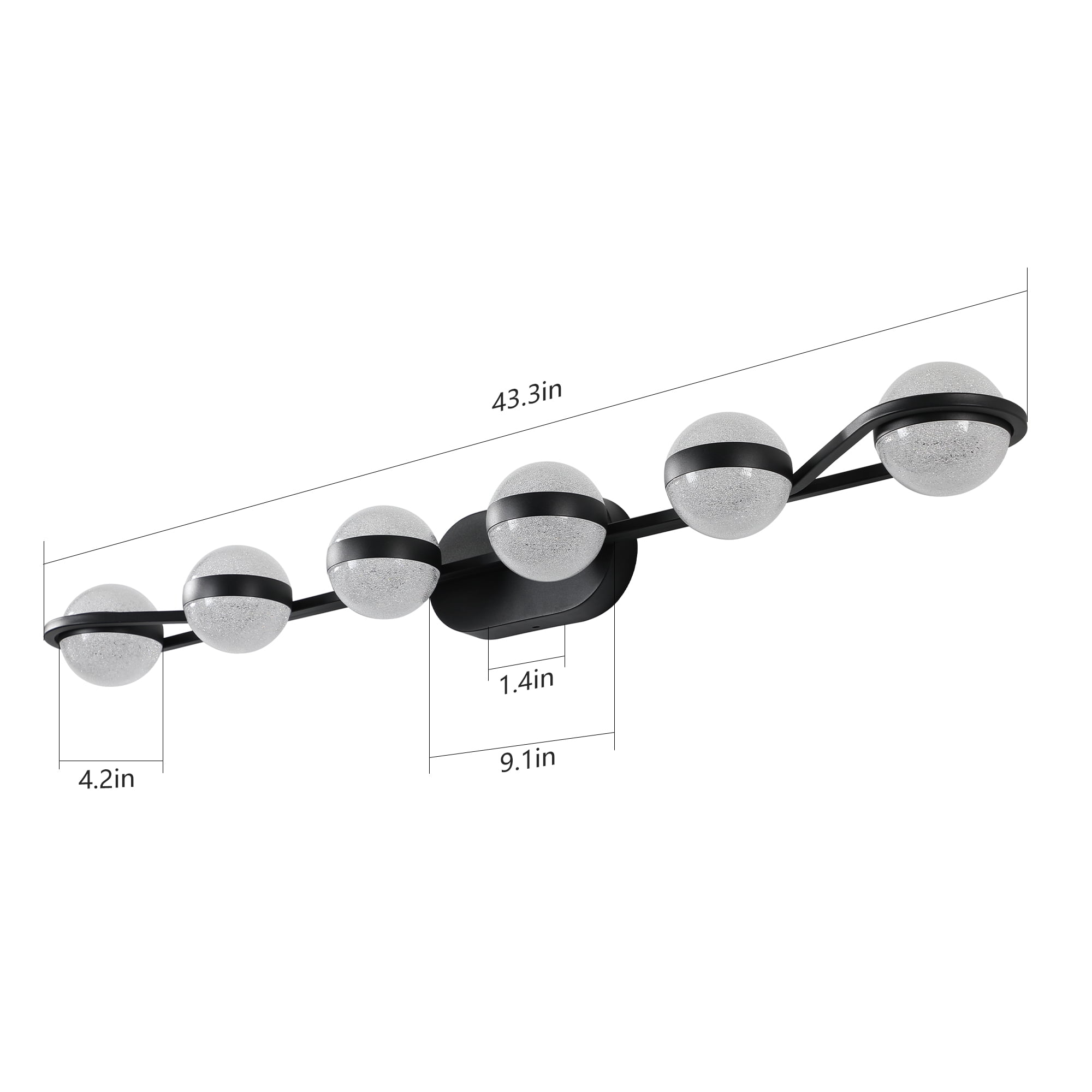 YANSUN 43.3 in Black Minimalist LED 6-Light Bathroom Vanity Light with Crystal Sand Acrylic Shades for Bathroom Mirror, Hallway, Bedroom