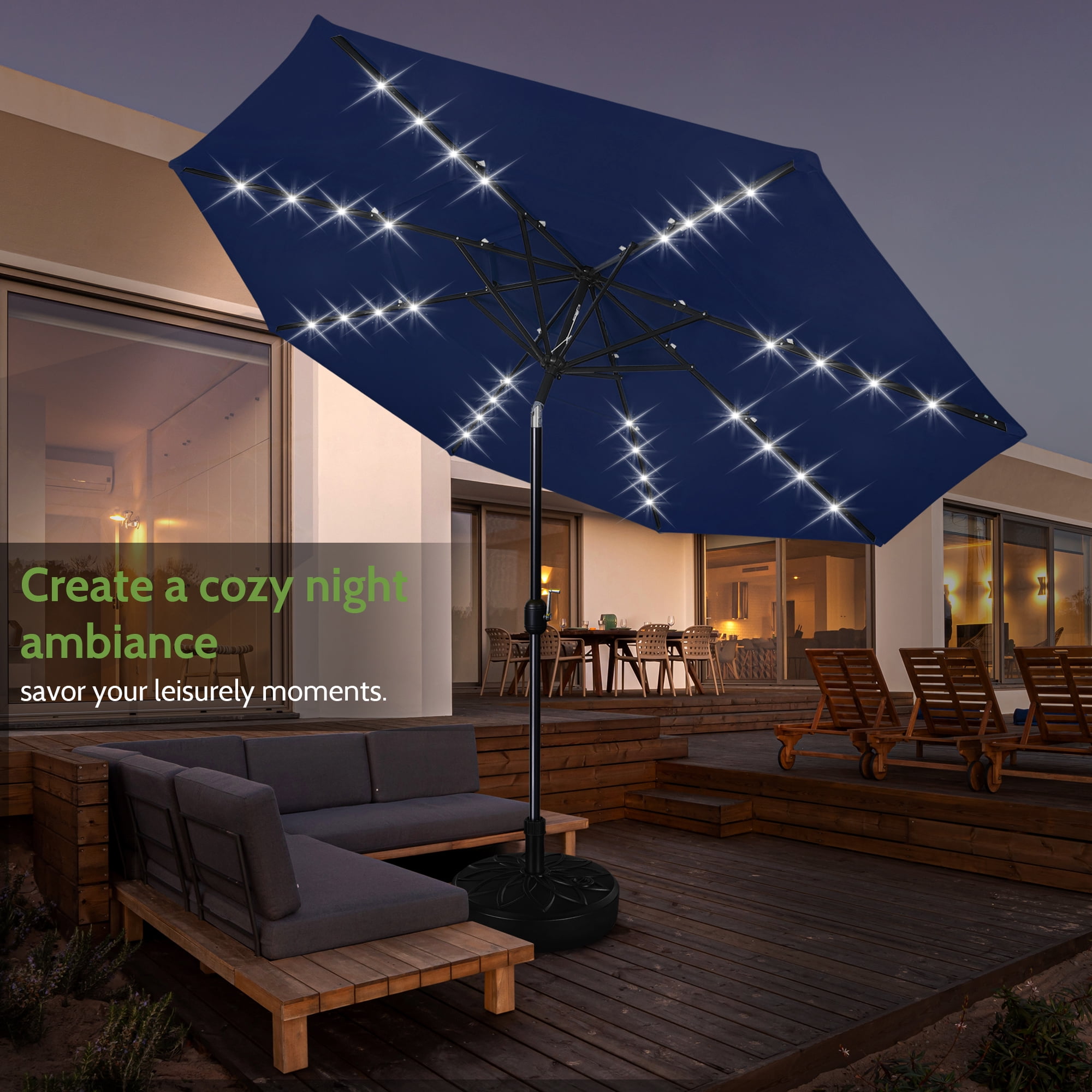 Scafild | 10ft Outdoor Patio Umbrellas with Solar Lights, 3 Tier Vented Large Market Table Umbrella with 8 Sturdy Ribs & 1.5" Pole UV Protection for Garden Deck Backyard Pool - Navy