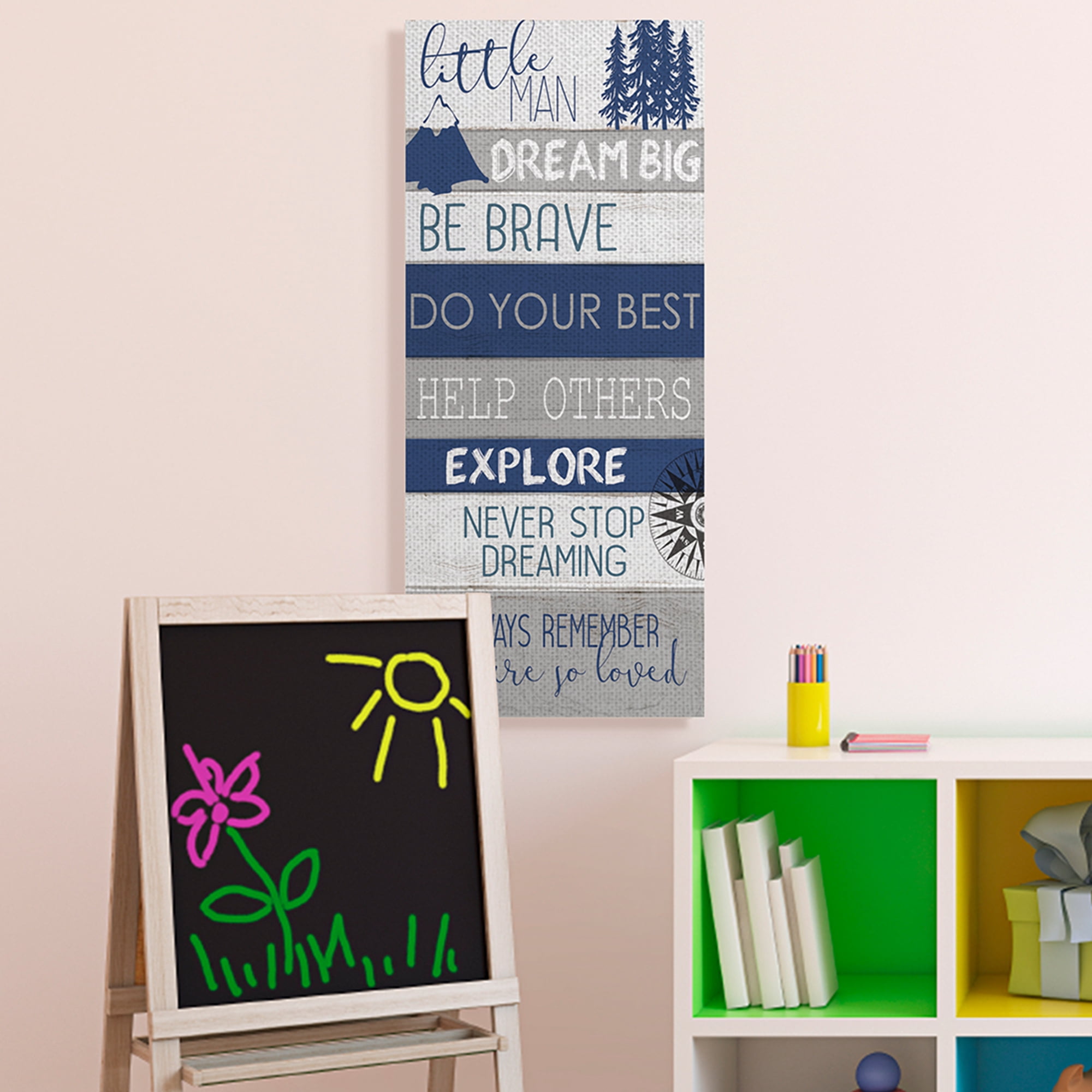 Stupell Industries Little Man Dream Big Phrase Compass Mountains Trees,17 x 40,Designed by Kim Allen