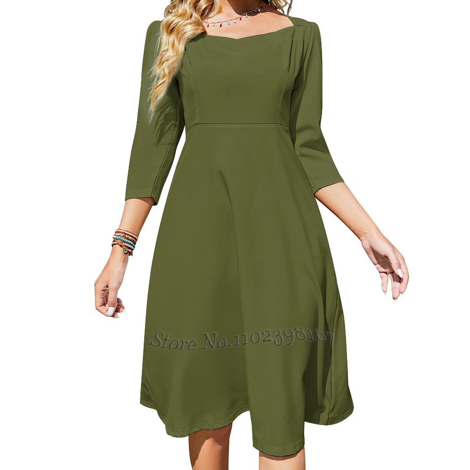 Dark Terrarium Moss Green Fashion Color Trends Spring Summer Square Neck  Dress New Plus Size Elegant Women Waist Tight - Walmart.ca