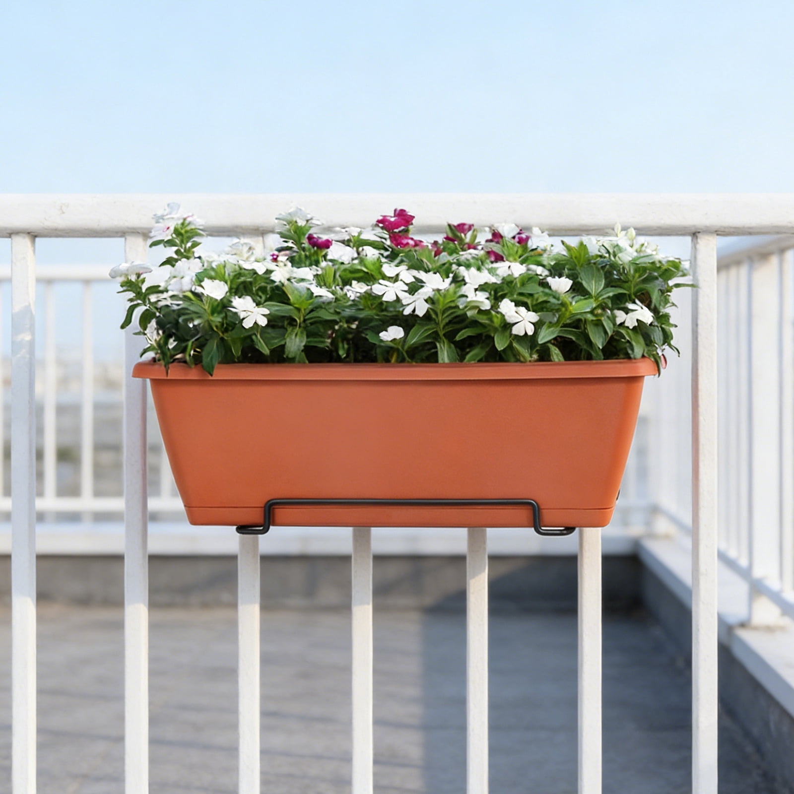 Railing Planter Boxes, Deck Rail Planter for Outdoor Plants, Hanging Railing Window Boxes Planter with Drainage Tray, Window Flower Pots with Brackets, for Over Rail Porch Fence, Balcony & Home Decor