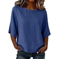 thumbnail image 3 of Women's Summer T Shirts Cotton Linen Blouse Casual Crew Neck Pullover Loose Lightweight Tops by Yigetop Blue L, 3 of 8