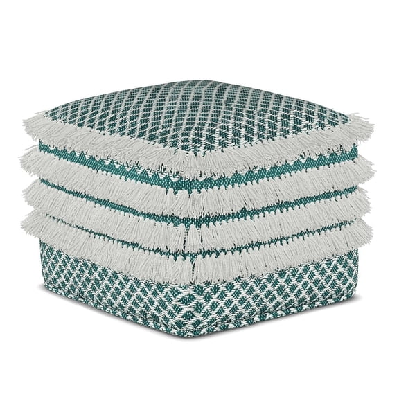 Simpli Home Simpli Home Leah Boho Square Woven Pouf in Turquoise and White