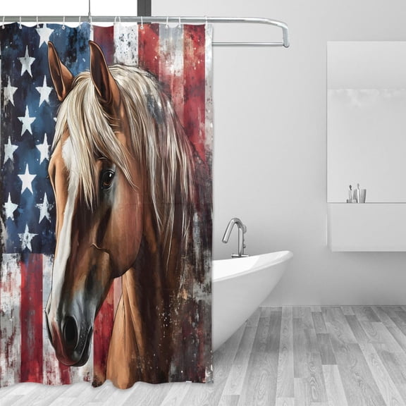 Horse with Flag Retro Style Shower Curtains with 12 Hooks Waterproof Bathroom Decor 66" x 72"