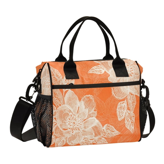 WOBOGO Peach Lace Pattern on Orange Background Lunch Bag Large Capacity Leak Proof Insulation Soft Adult Men and Women Universal 11.8×11.4×6.2in