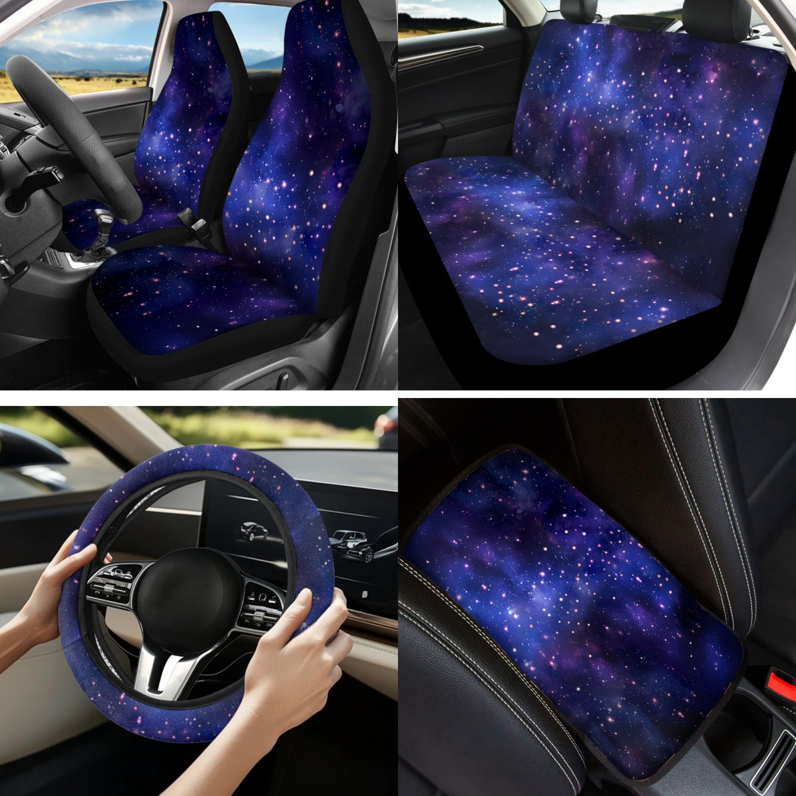 Yuyamidu 13 PCS Car Seat Covers and Steering Wheel Cover Galaxy Seatbelt Strap Pad Starry Sky Auto Armrest Cover Cushion Lip Balm Pouch Key Ring Cup Coasters