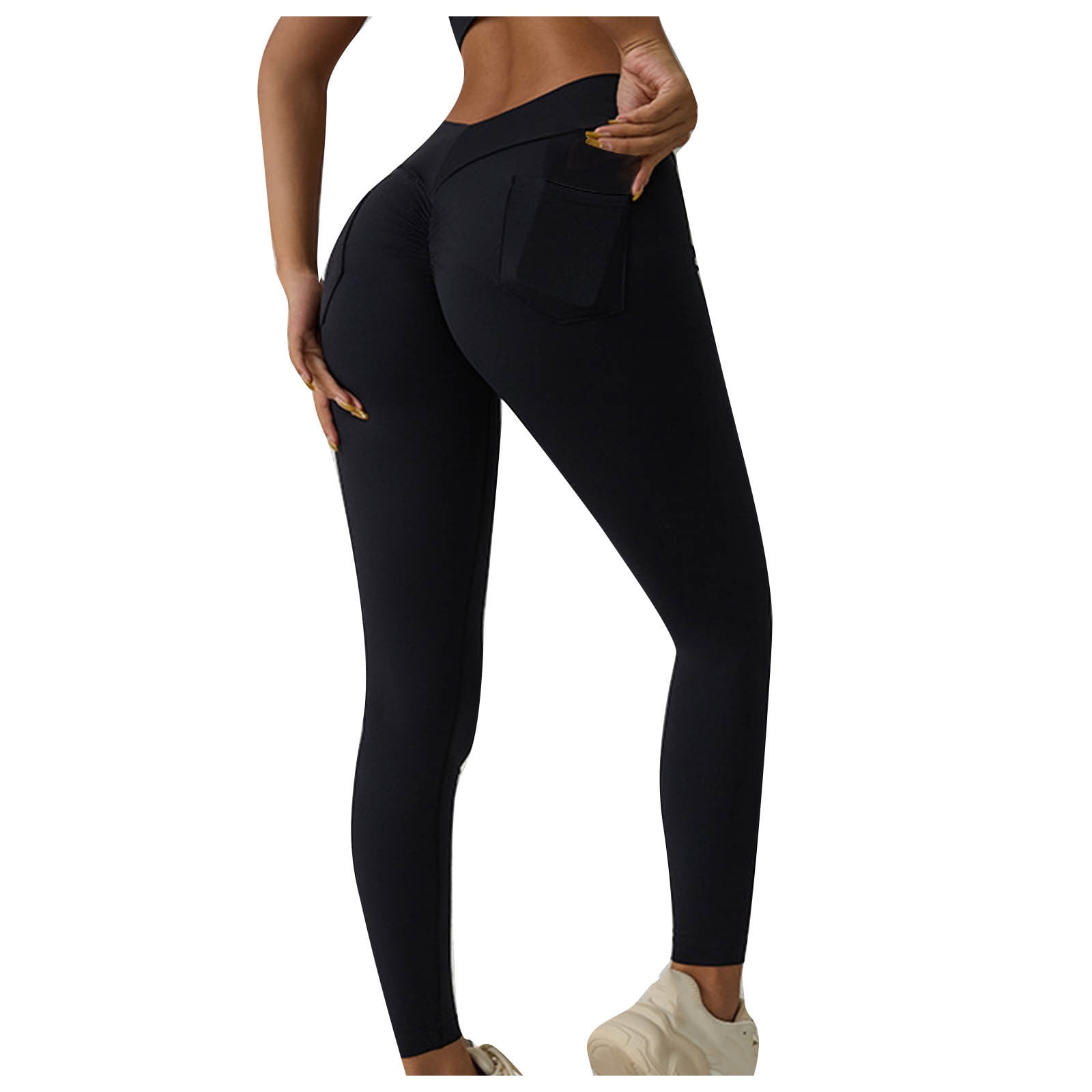 Besolor Yoga Pants with Pockets for Women Crossover Waist Workout Running 4 Way Stretch Yoga Leggings Tights Gym Clothes Black