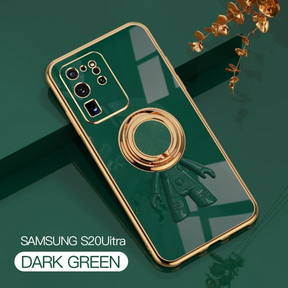Allytech for Samsung Galaxy S20 Ultra 6.9 Inch Ultra Thin Electroplated Gold Frame Anti-Drop Cover Case, Cute Girly 3D Astronaut Hidden Finger Ring Kickstand Shockproof Case, Darkgreen