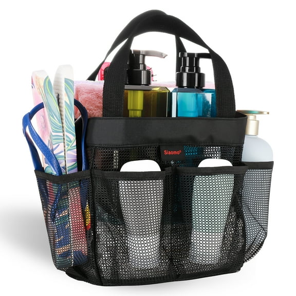 Siaomo Natural Mesh Shower Caddy Portable Tote Bag for College Dorm Essentials, Bathroom, Gym, Camp, Travel, Hanging Caddy Basket, Quick Dry Toiletry Bag (8-Pockets | Black)