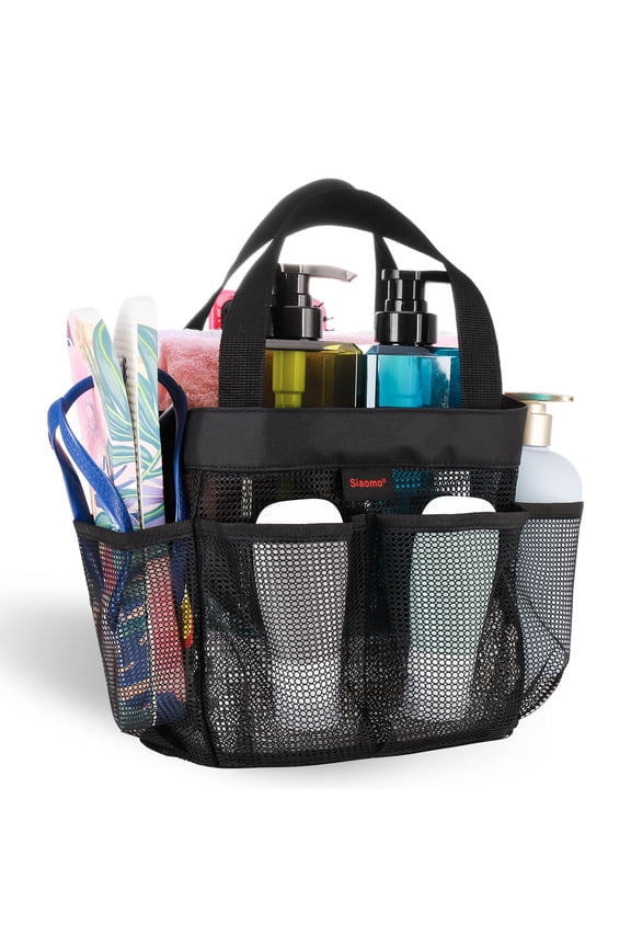 Natural Mesh Shower Caddy Portable Tote Bag for College Dorm Essentials, Bathroom, Gym, Camp, Travel, Hanging Caddy Basket, Quick Dry Toiletry Bag (8-Pockets | Black)