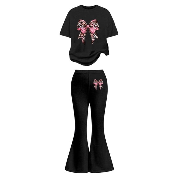 Bainana Girls Stylish Outfits Set Child Leopard Bow Print Short Sleeve Tops Elastic Waist Flare Leg Pants Fashion Casual Girls Summer Clothes Set Black Size 9-10 Years