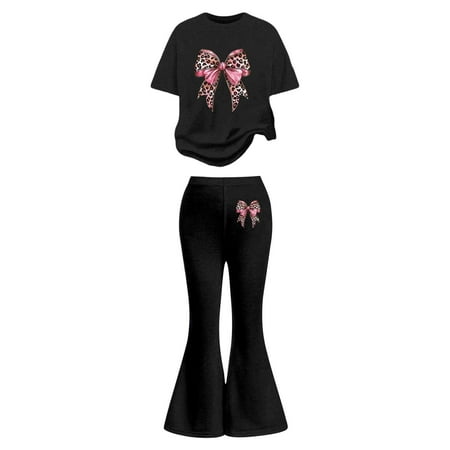 SonxaHe Outfits for Big Girl Cute Bow Print Short Sleeve Tee Flared Pants Fashion Spring Soft Outfit Set for Kid Black Size 9-10 Y