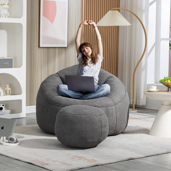 Bean Bag Chair for Adult,Microfiber Upholstered Sofa with Footstool Shell-Shaped Memory Foam Stuffed Lazy Sofa