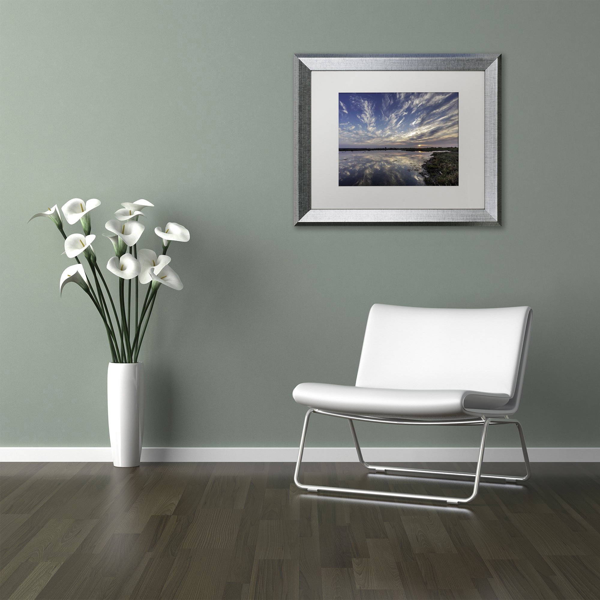 Trademark Fine Art 'Boundary Bay Sunset' Canvas Art by Pierre Leclerc, White Matte, Silver Frame