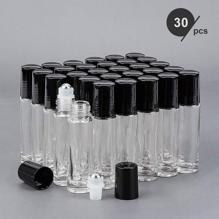 1/3 oz. (10 ml) Clear Glass Roll-on Bottle with Black Cap (Plastic Bal