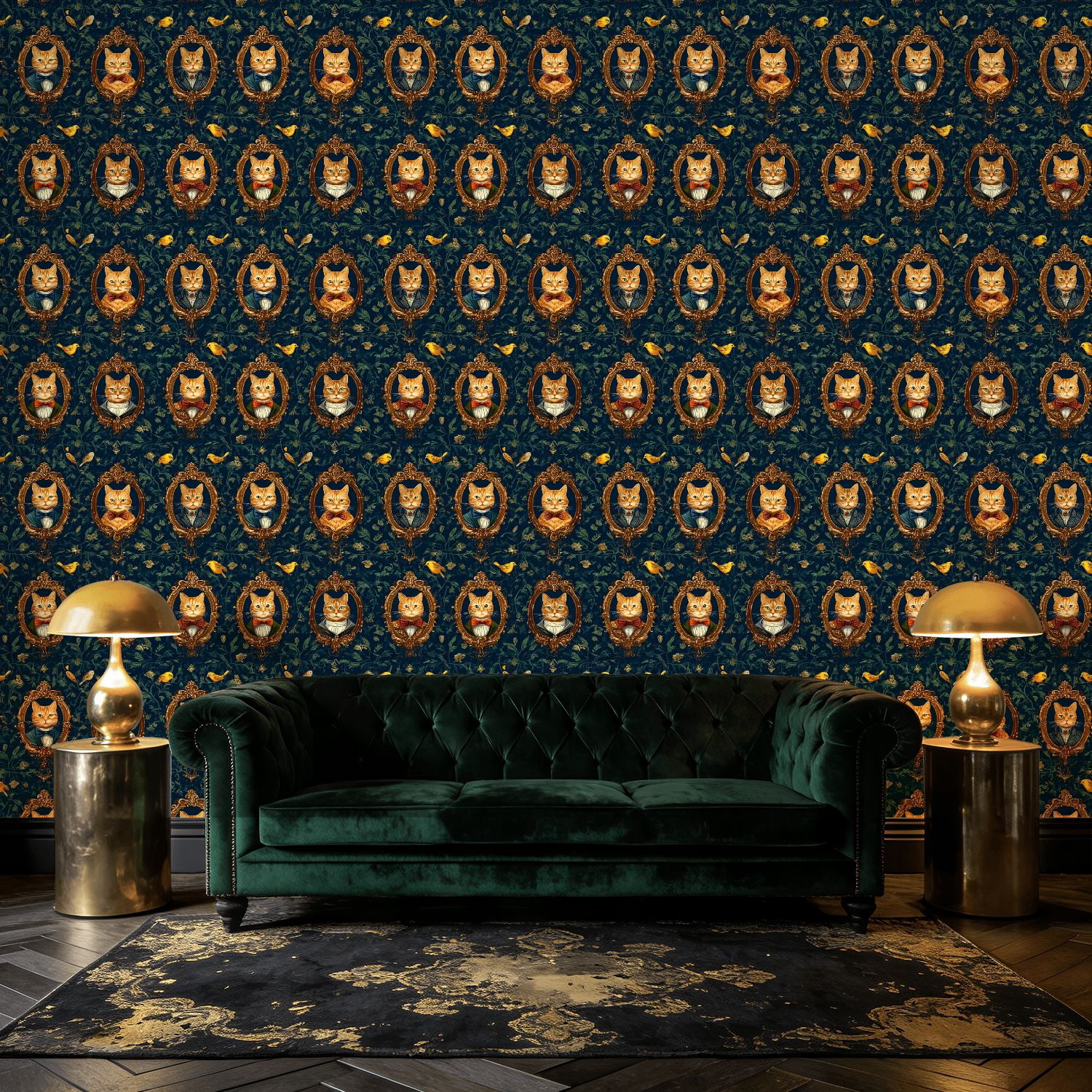 Peel and Stick Wallpaper Baroque Vintage Cat Portraits Floral Frames Bow Ties Wall Mural 23.6in x 9.8ft Self Adhesive Removable Wall Paper Renter Friendly Wallpaper for Nursery Bedroom Cabinets