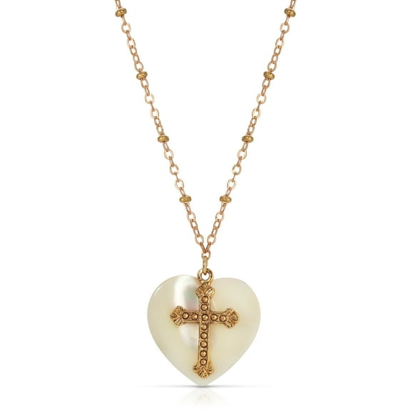 Symbols Of Faith Mother Of Pearl Heart & Cross Pendant Necklace 16"   3" Extender