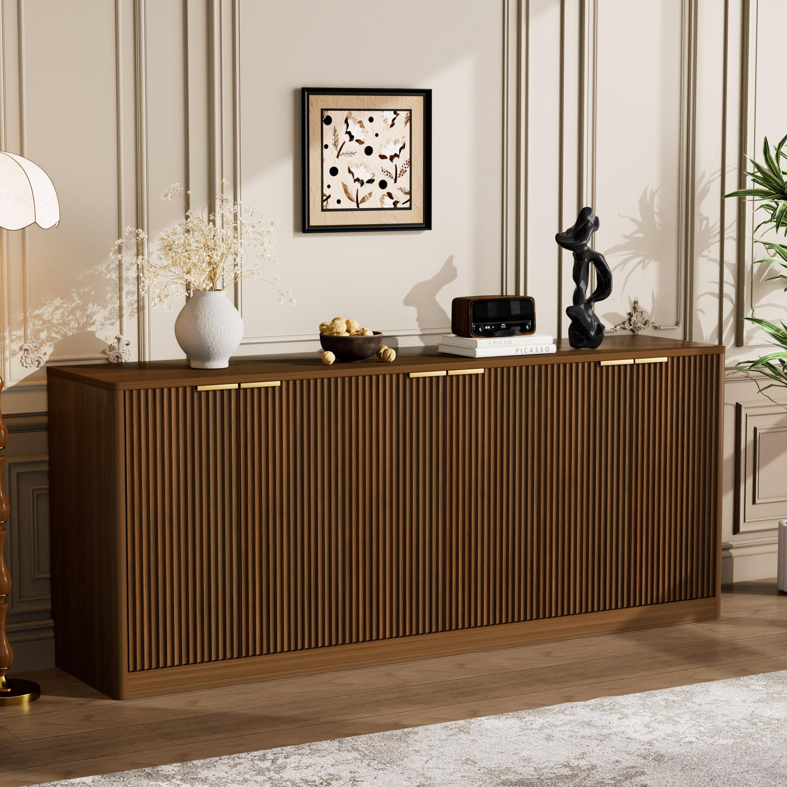 PORKISS Modern TV Cabinet for 75" TV, Wood Media Console Cabinet with Storage, Fluted Entertainment Center for Living Room, Walnut