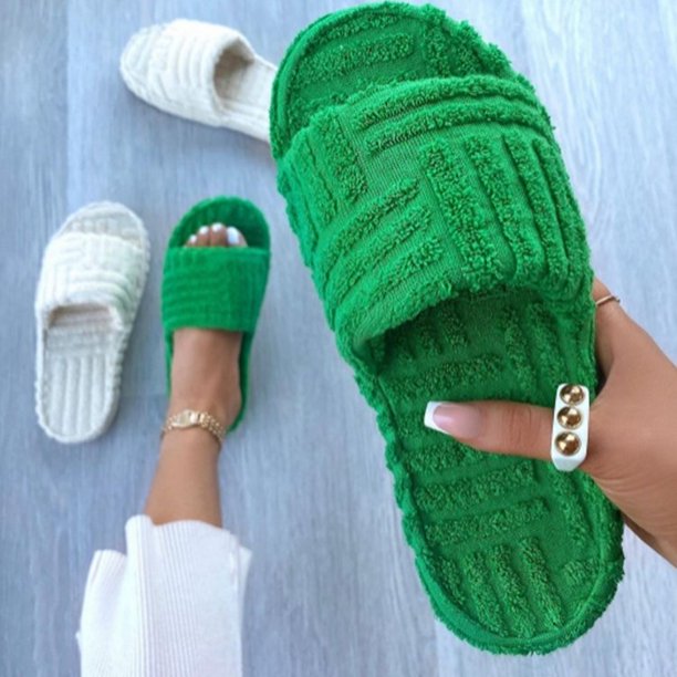 Zapatillas de mujer de suela gruesa con punta abierta de marca de lujo, prendas de vestir planas de pana verde, chanclas de pasarela para verano y otoño para mujer Deng Xun unisex