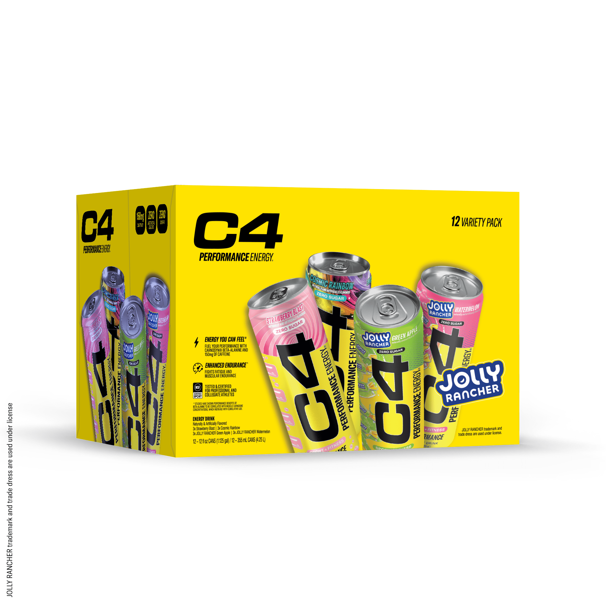 C4 Performance Energy Drink, Jolly Rancher & Candy Variety Pack, Strawberry Blast, Watermelon, Green Apple, & Cosmic Rainbow, 12 fl oz Cans, 12 Pack