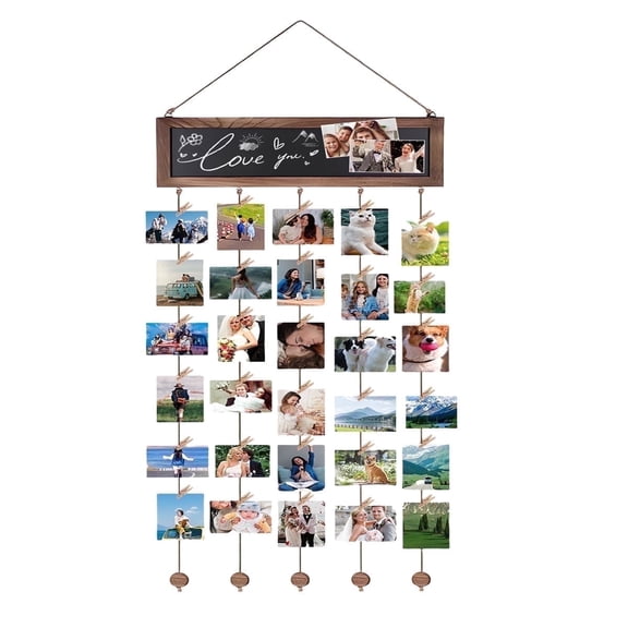 Picture Frames Collage Photo Hanging Display-Wall Decor Hanging Photo Display Frame Board with Blackboard and 30 Clips Carbonized Black