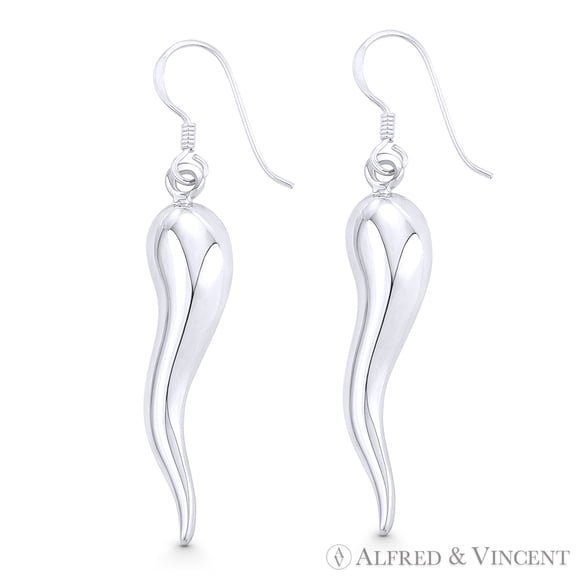 Italian Horn Evil Eye Luck Charm Dangling Fish-Hook Earrings in Hollow .925 Sterling Silver