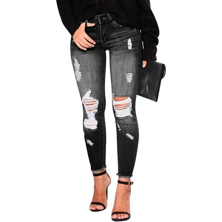 Women's Ripped Skinny Slim Fit Jeans Frayed Distressed Stretchy Denim Pants