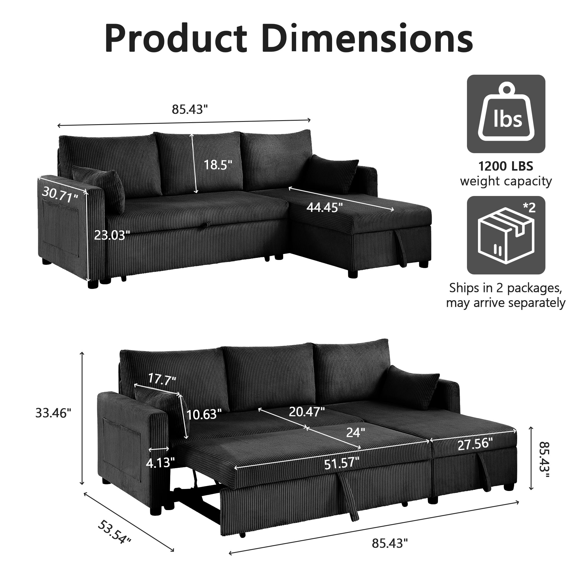 Xiweot Convertible Sectional Sleeper Sofa Bed, 85" L Shaped Couch with Pull Out Bed, Side Pockets & Storage Chaise, Corduroy 3 Seater Sectional Couch for Living Room Apartment (Black)