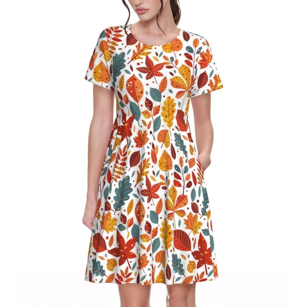 Balery Autumn Leaves Vestidos sueltos de manga corta para mujer, vestidos de verano 2025, vestidos casuales de corte A con vuelo.