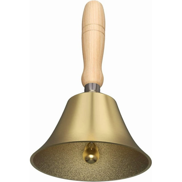 Mistayd Hand Bell with a brass bell and solid wood handle, featuring a smooth golden finish and textured interior for loud sound. Ideal for weddings, classrooms, service, games, pet training, and desk organization in office settings.