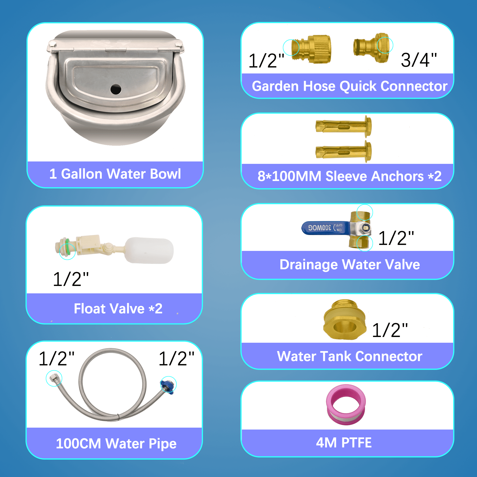 Boajf Automatic Dog Water Dispenser 1 Gallon with Drainage System & Auto Refill, 304 Stainless Steel, Includes Waterer, Drainage Water Valve, 2 Float Valve, Hose Quick Connector, for Horse, Chicken