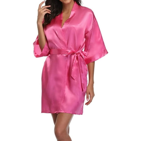 

Women‘s Satin Robe Short Kimono Bride Bridesmaid Robes Pure Color Sleepwear Silk