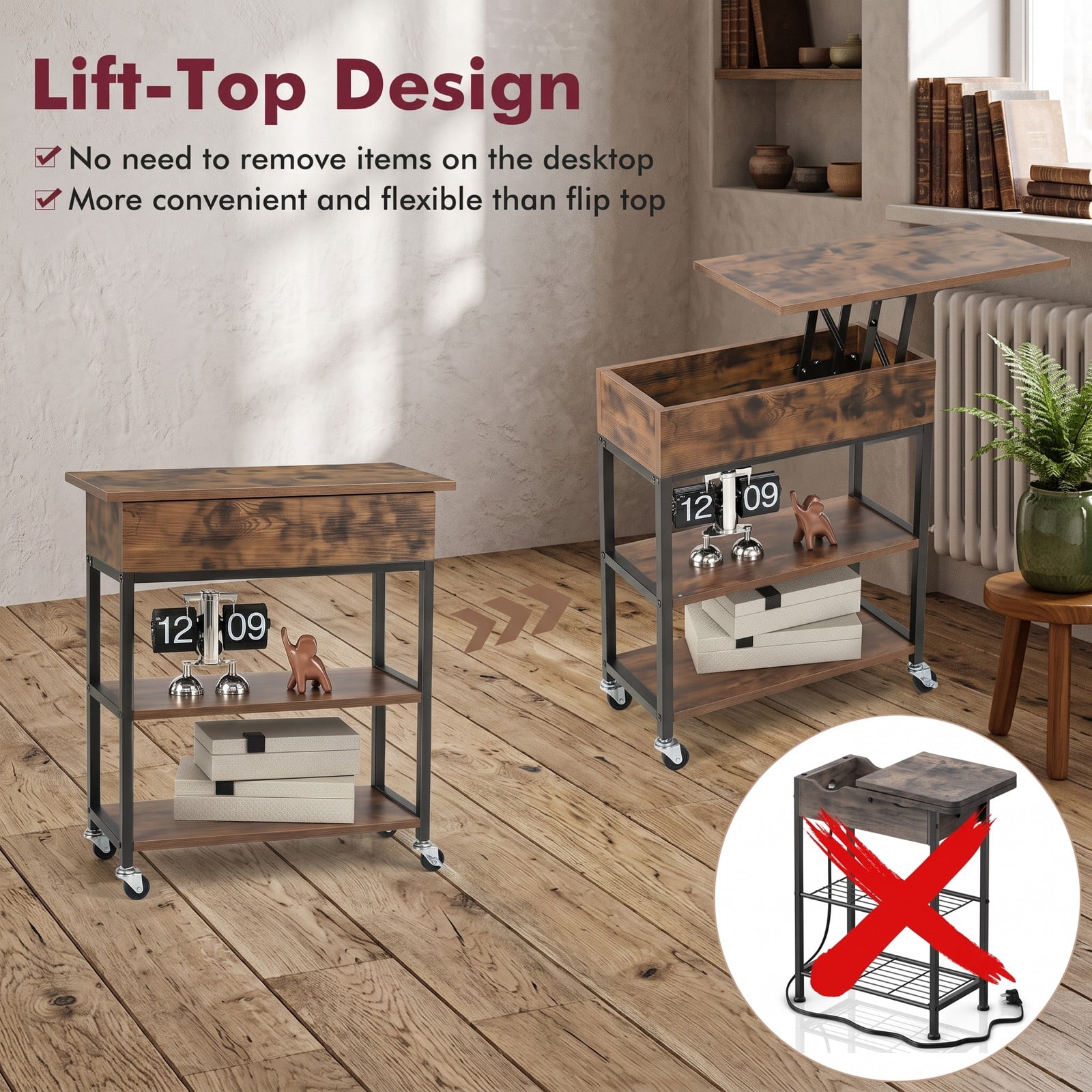 Furnibear Lift Top End Table with Charging Station and Universal Wheels, Rolling Side Table with Hidden Storage Compartment, USB & Type-C Ports, AC, Rustic Brown