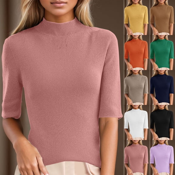 Black Short Sleeve Turtleneck Women, Baberdicy Women's Slim Fit Sweaters 3/4 Sleeve Mock Neck Solid Color Casual Knit Tops 3/4 Length Sleeve Womens Tops, Black L