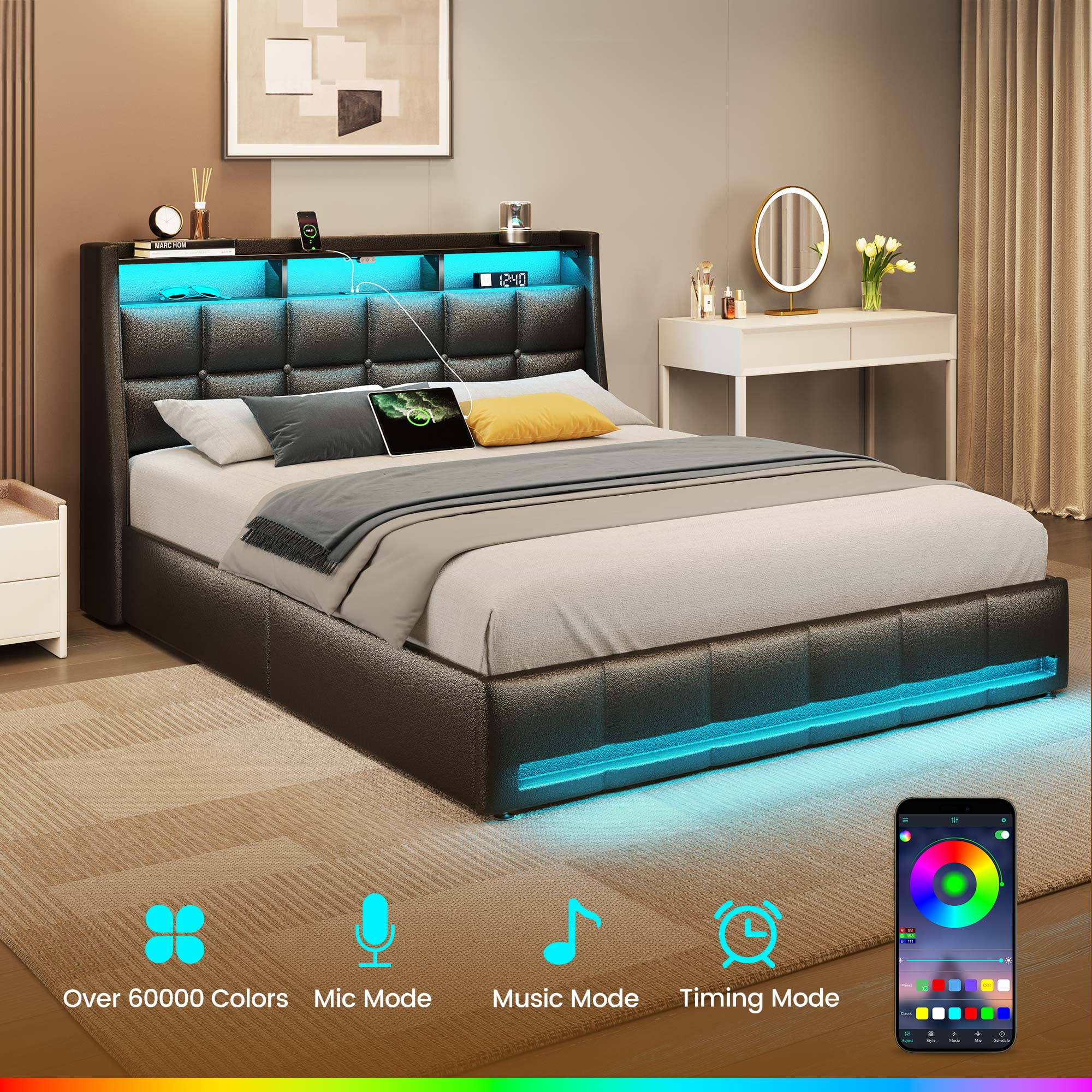 Greenstell Queen LED Storage Bed Frame - Charging Station, App Control, 1200LBS Capacity, Black