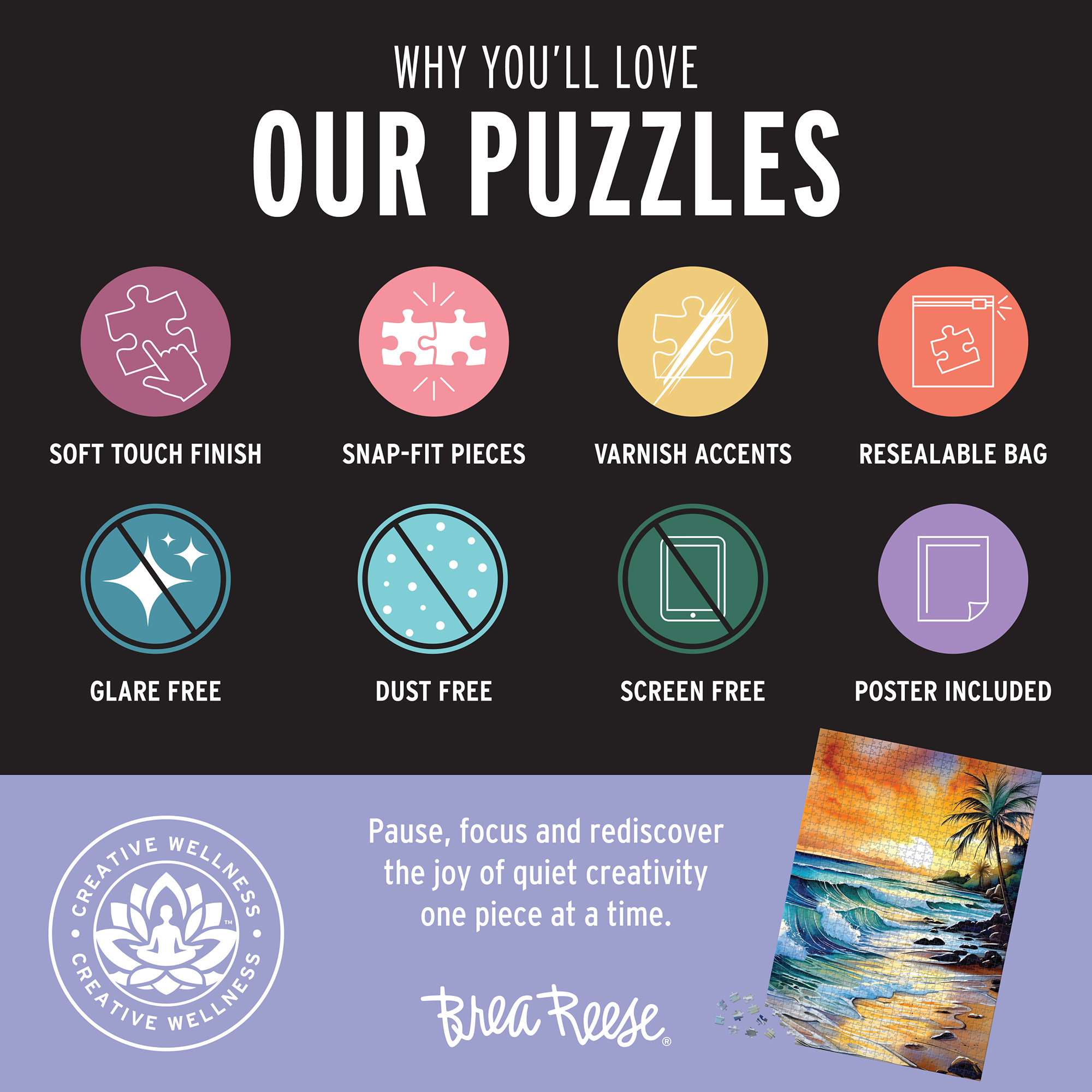 Brea Reese: 1000 Piece Puzzle - Beach - Waves & Palm Trees Sunset Scene, Adult Jigsaw, UV Varnish Accents, Image Reference Poster, 19.25 x 26.75"